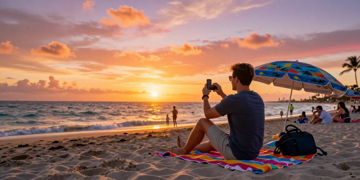 Pengunjung di pantai Miami menikmati matahari terbenam, merekam momen indah dengan smartphone di https://miami4d.com/.