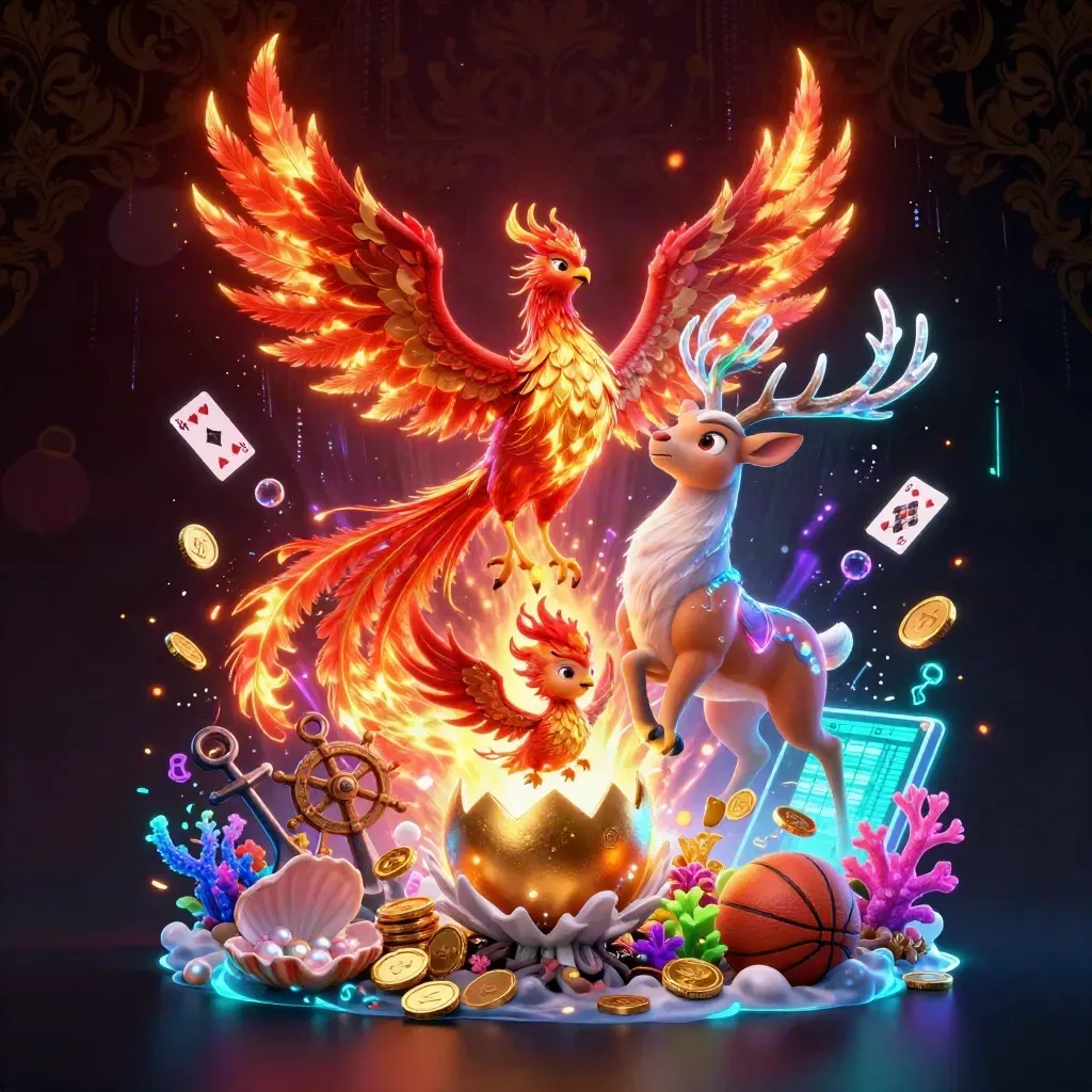 Phoenix, hatching baby phoenix and crystal stag amid treasure, coral, cards and neon casino glow.