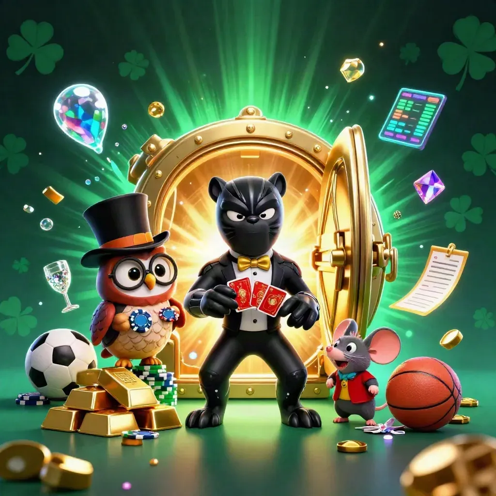 Panther, owl, and mouse amid gold vault burst, chips, gems, and glowing sports props.
