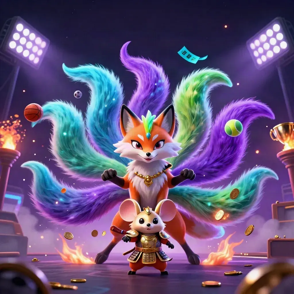 Neon fox spirit and armored mouse amid flying balls, coins, trophy and stadium light.