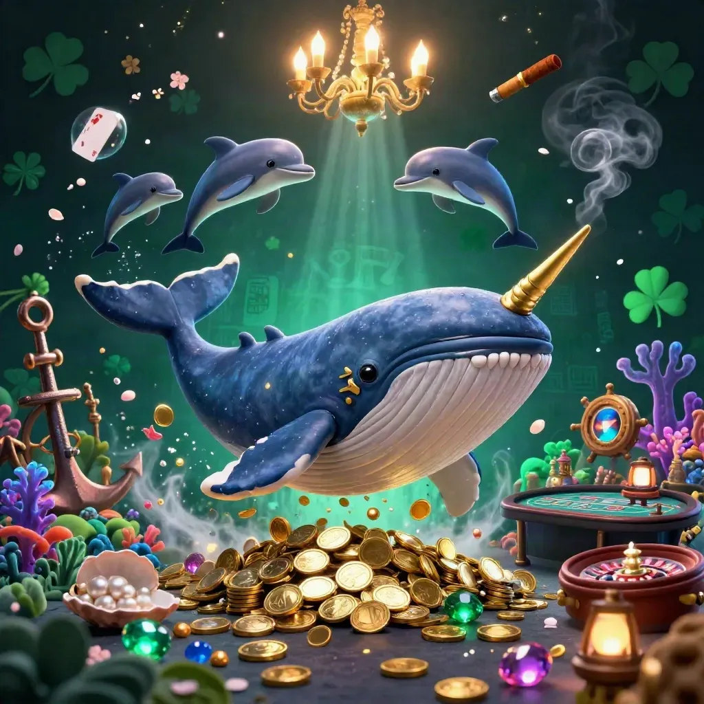 Whale captain, narwhal, and dolphins surge through a neon treasure cove of coins and glowing casino light.