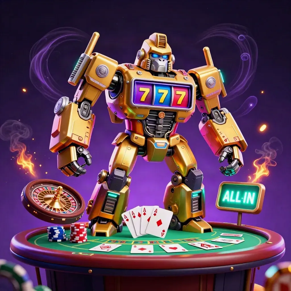 Golden slot-mech gorilla with monkey pilot amid casino tables, roulette spin, neon smoke and starfield.
