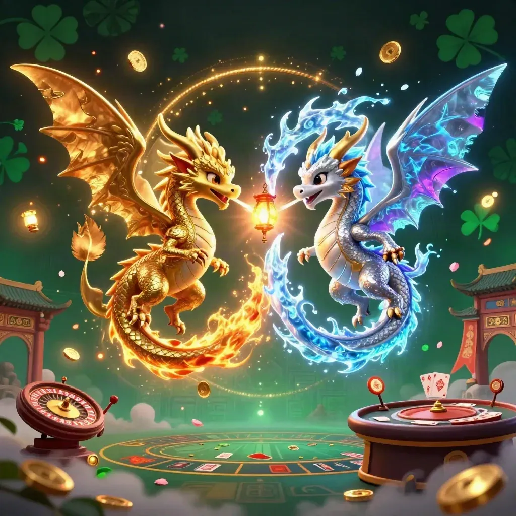 Gold and silver dragons clash in yin-yang fire and ice above a neon casino-temple scene.