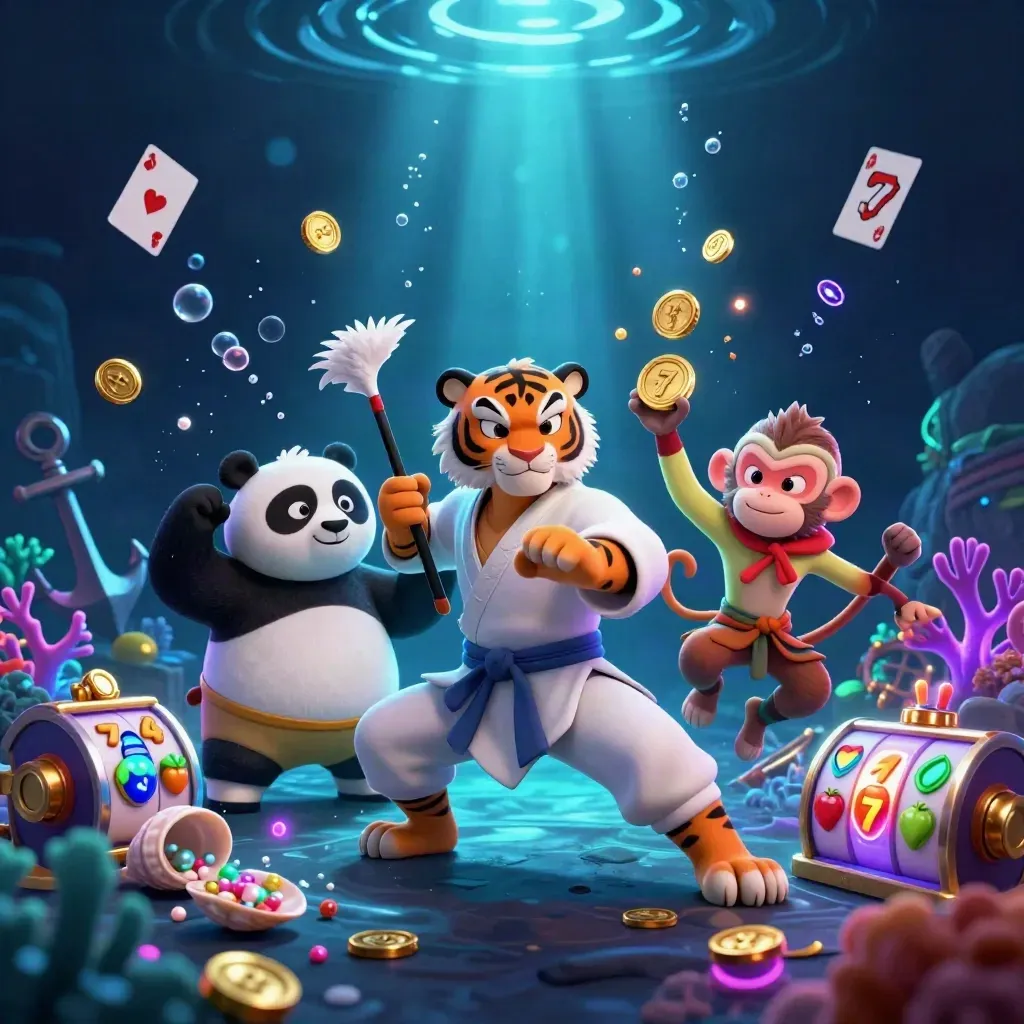 Kung-fu tiger, panda, and monkey in a glowing underwater treasure cove with coins and casino chaos.