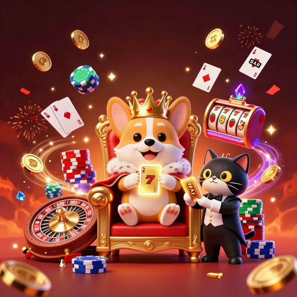 Royal corgi and cat butler amid casino chips, coins, cards, roulette, and glowing effects.